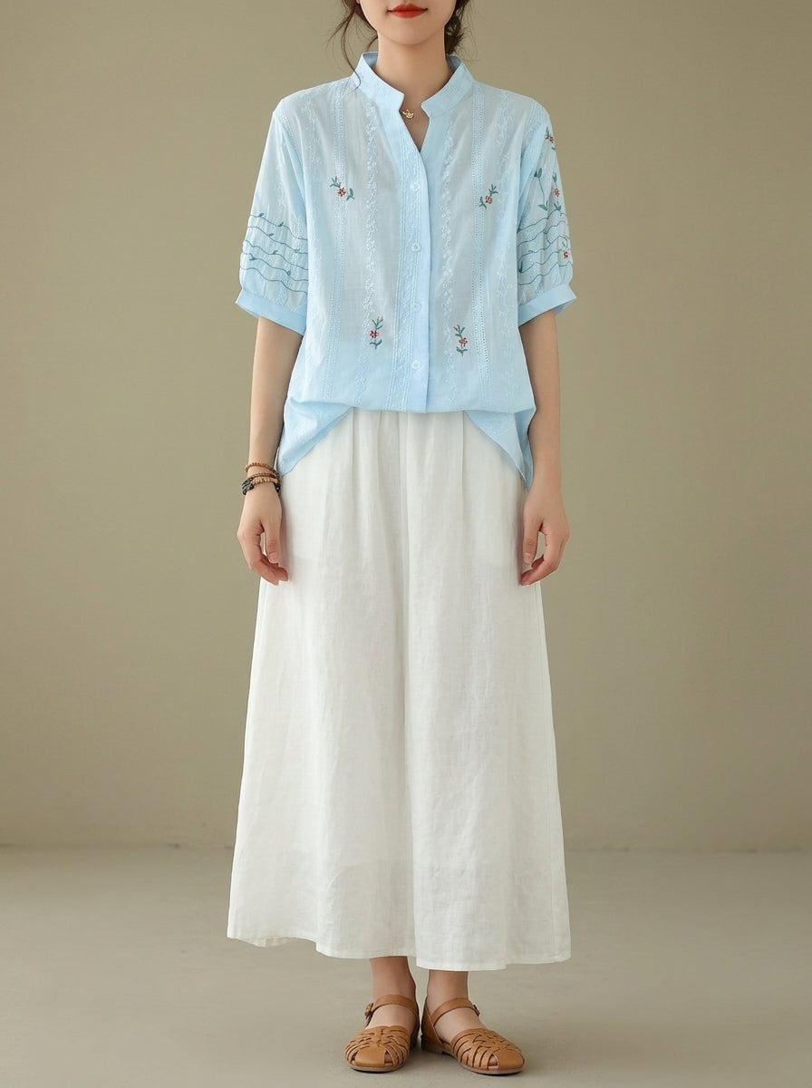 Vintage Embroidered Cotton Blouse - Blue Mandarin Collar Short Sleeve Top