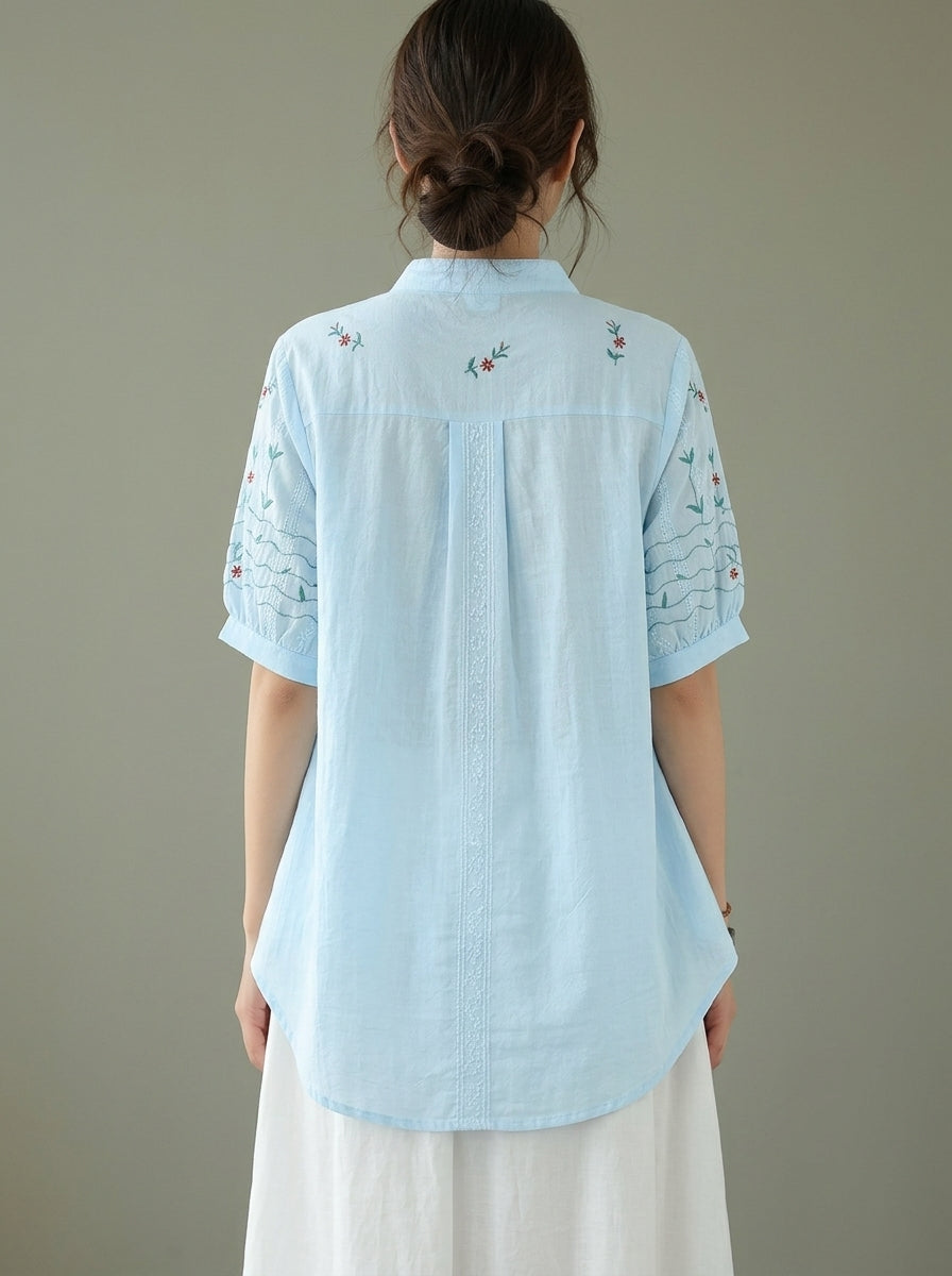 Vintage Embroidered Cotton Blouse - Blue Mandarin Collar Short Sleeve Top
