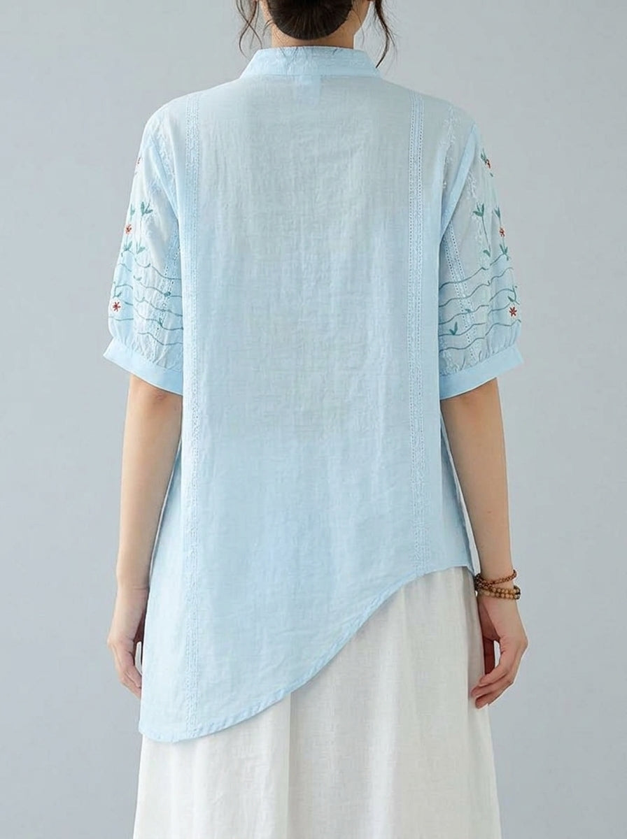 Vintage Embroidered Cotton Blouse - Blue Mandarin Collar Short Sleeve Top