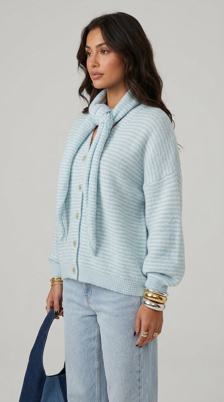 Jennifer Cardigan in Light Blue with Matching Scarf - Striped Knit