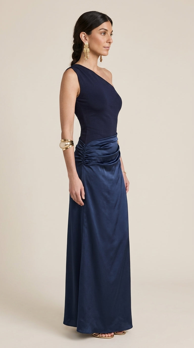 Amira Dress in Navy Blue - One-Shoulder Ruched Maxi Dress