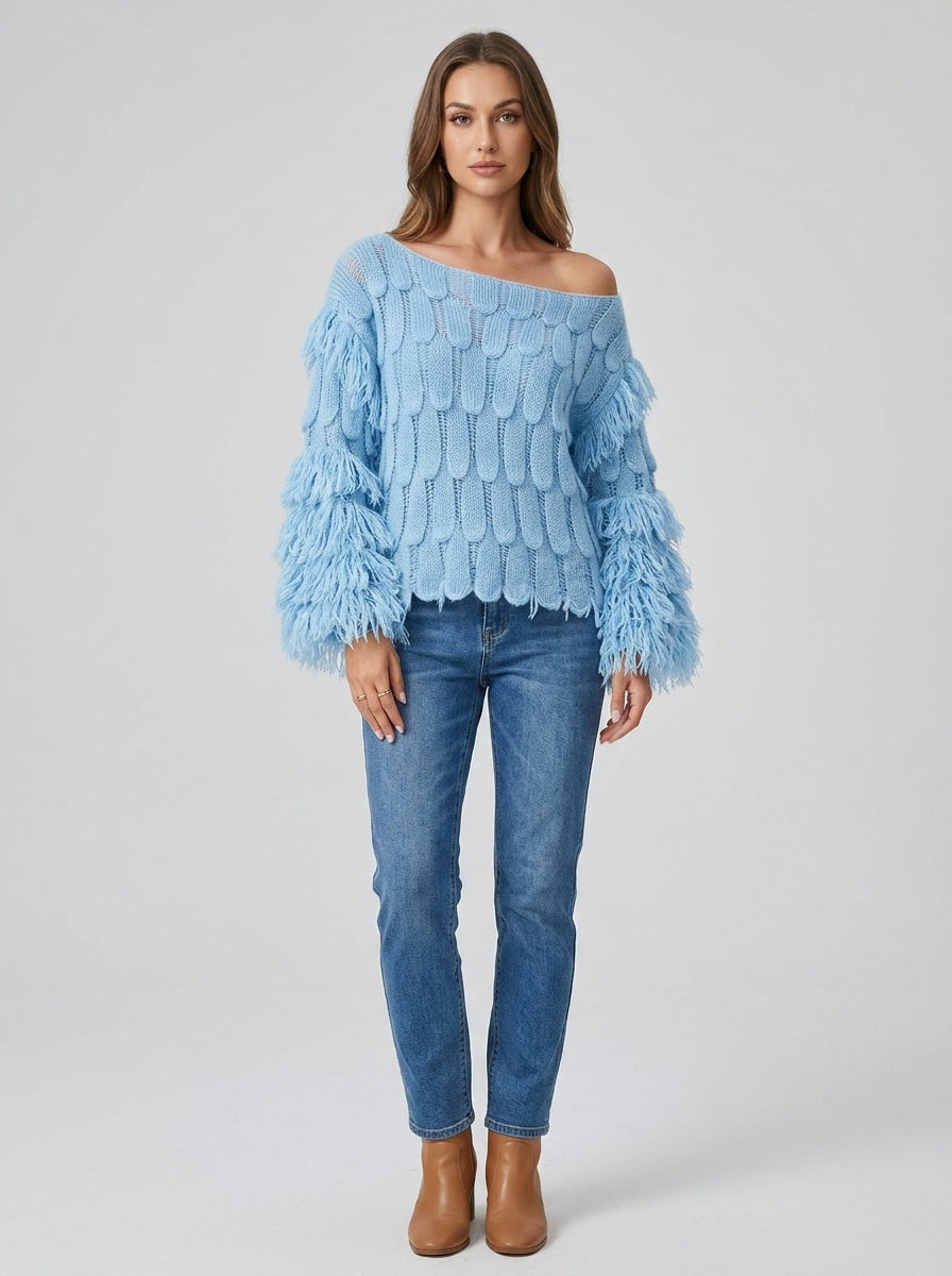 Boho Feather-shaped Bell-sleeve Knit Pullover - Sky Blue Off-Shoulder Fringe Knit Sweater