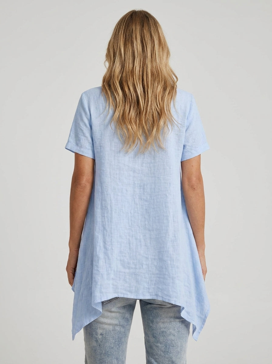 Cowl Neck Asymmetric Hem Top - Short Sleeve Handkerchief Blouse