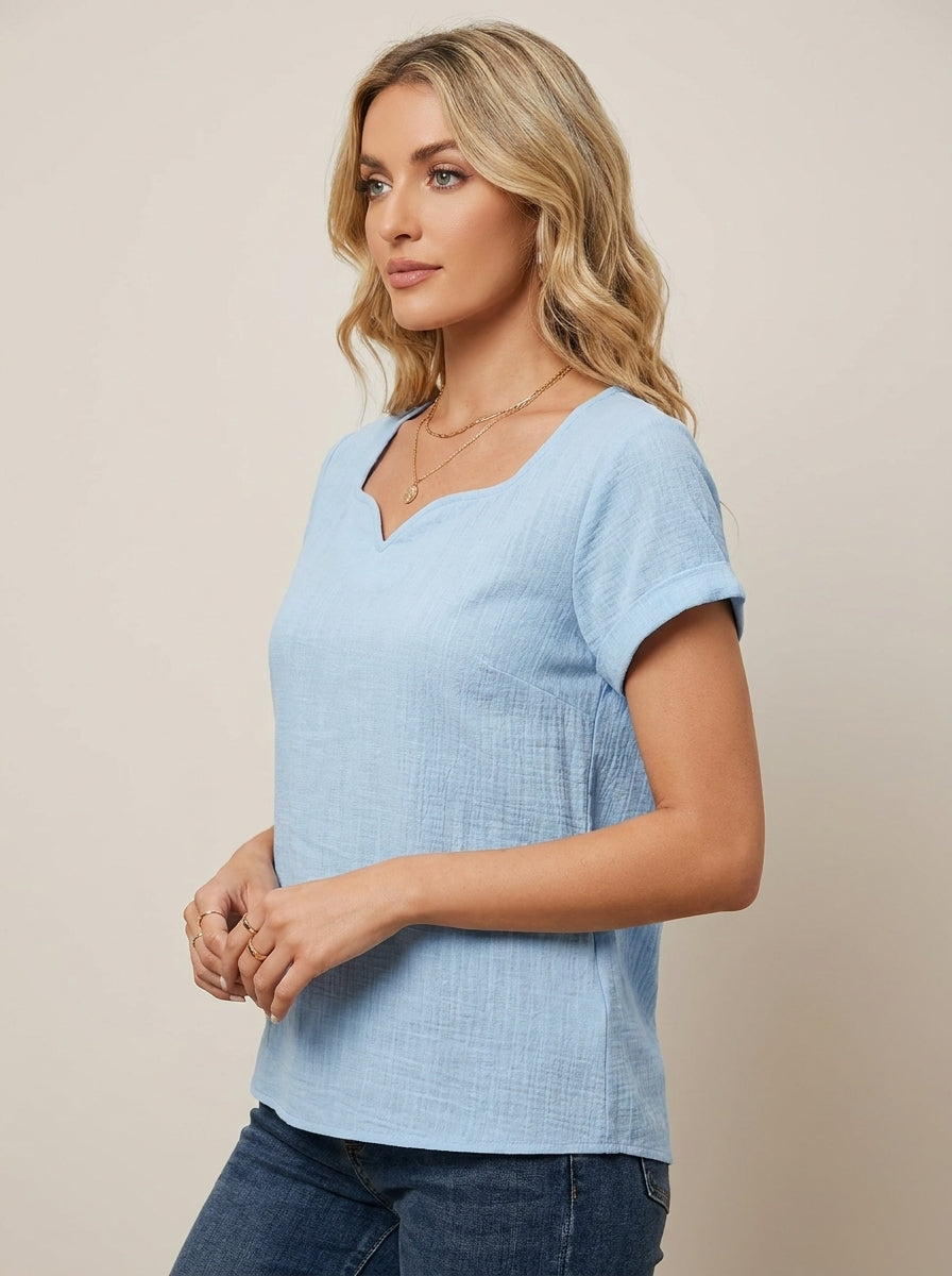 Sweetheart Neckline Short Sleeve Top - Solid Color Casual Blouse