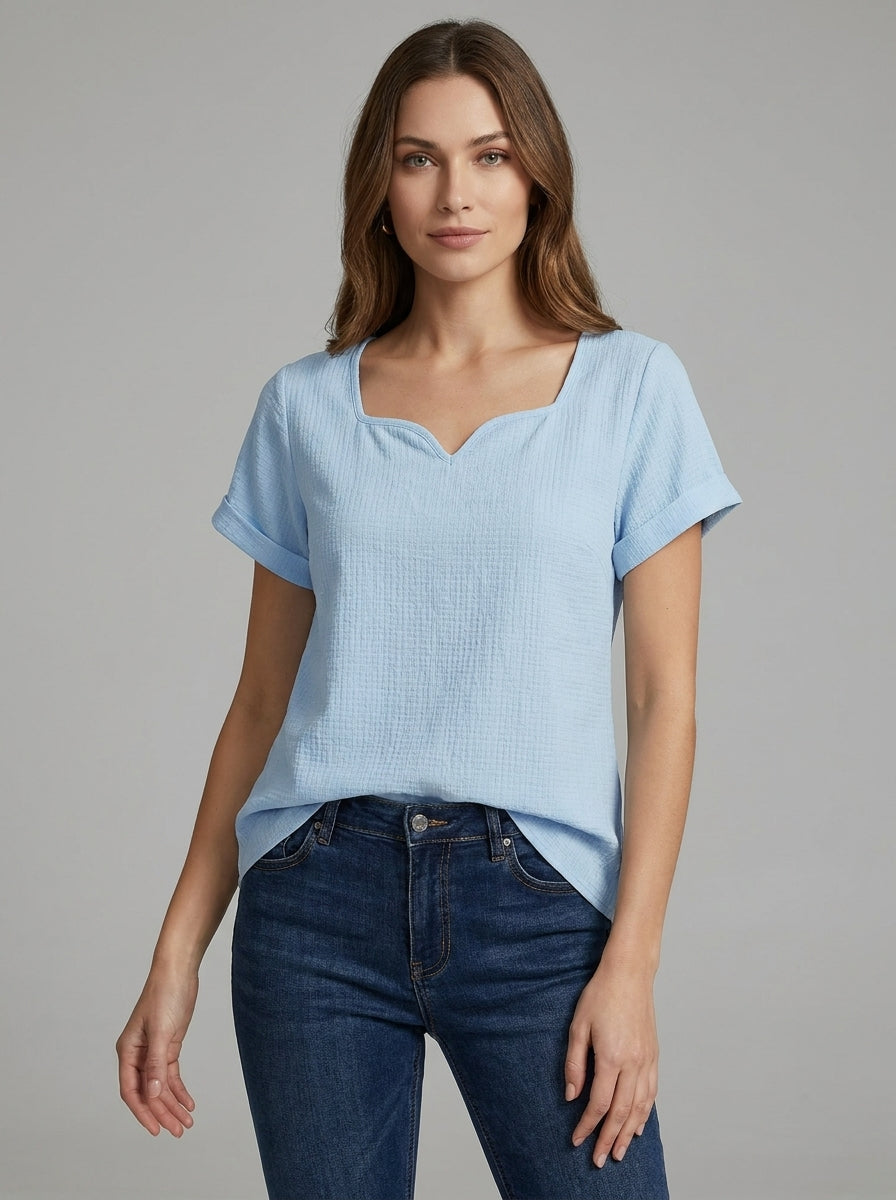 Sweetheart Neckline Short Sleeve Top - Solid Color Casual Blouse
