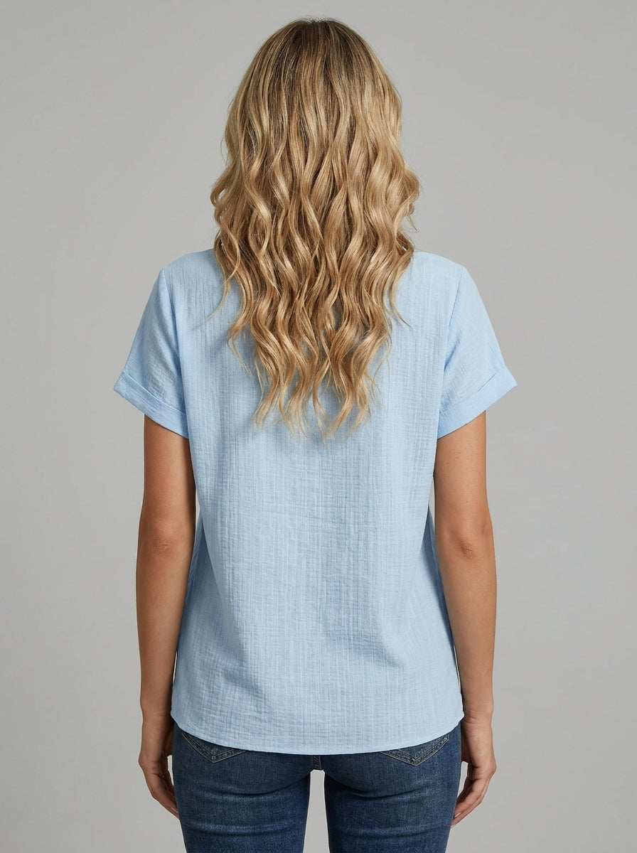 Sweetheart Neckline Short Sleeve Top - Solid Color Casual Blouse