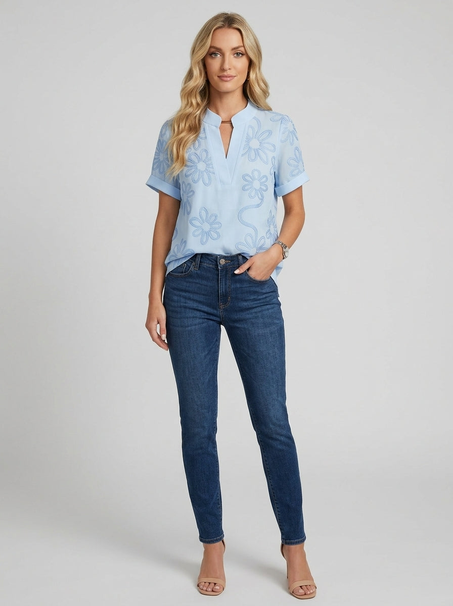 Casual Abstract Floral Print Notched V-Neck Top in Light Blue - Short Sleeve Split Neck Blouse