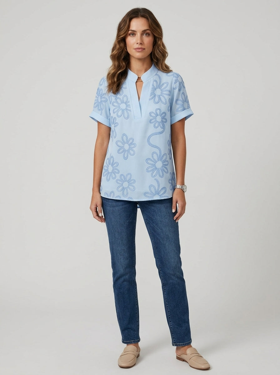 Casual Abstract Floral Print Notched V-Neck Top in Light Blue - Short Sleeve Split Neck Blouse