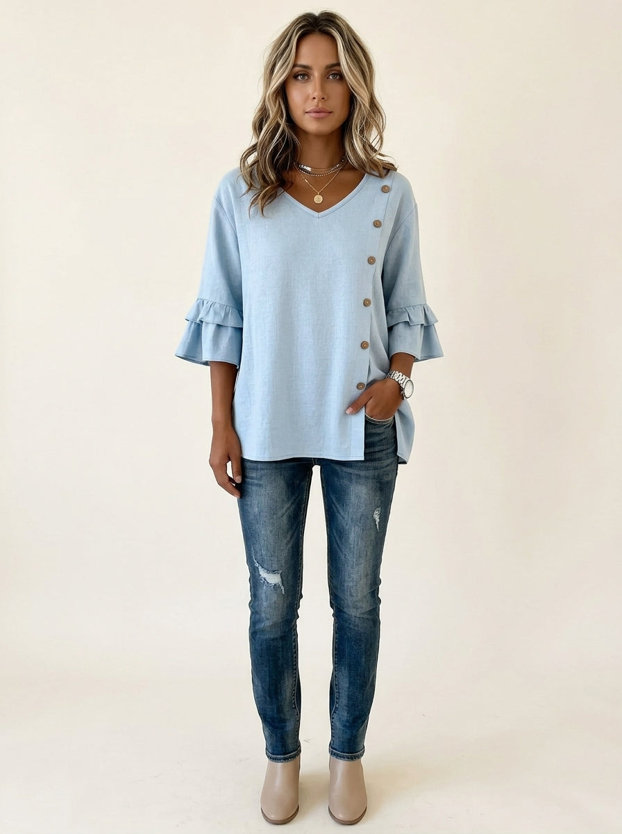 Casual Solid Color Top in Light Blue - Asymmetric Button Trim V-Neck Ruffle Sleeve Top