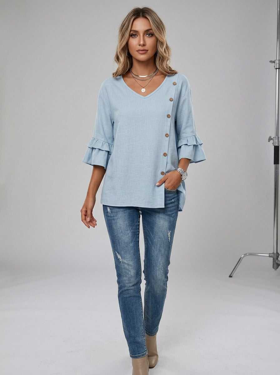 Casual Solid Color Top in Light Blue - Asymmetric Button Trim V-Neck Ruffle Sleeve Top