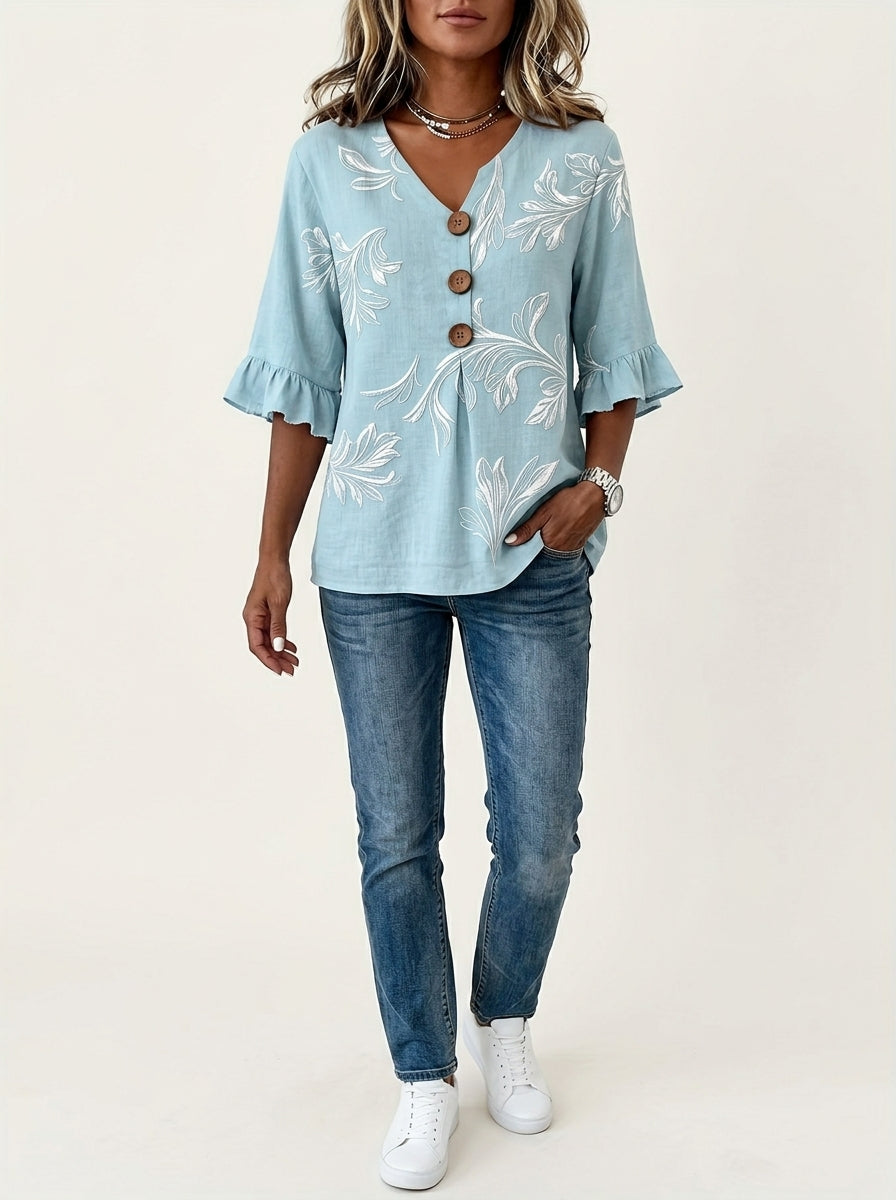 Casual Botanical Leaf Print Button-Front Top in Light Blue - Ruffle Sleeve V-Neck Blouse