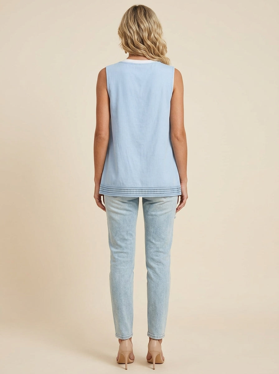 Blue Crochet Trim Button Vest - Sleeveless Linen Cotton Cardigan