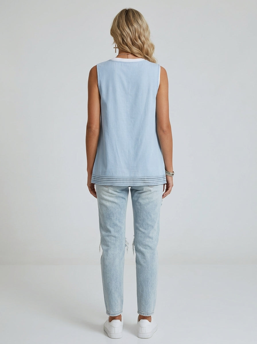 Blue Crochet Trim Button Vest - Sleeveless Linen Cotton Cardigan