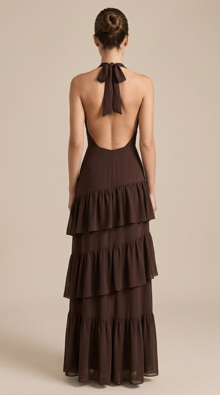 Manila Dress in Brown - Halter Tiered Ruffle Maxi Dress
