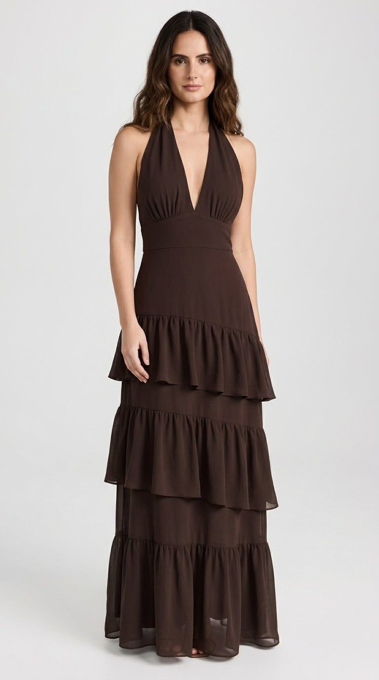 Manila Dress in Brown - Halter Tiered Ruffle Maxi Dress