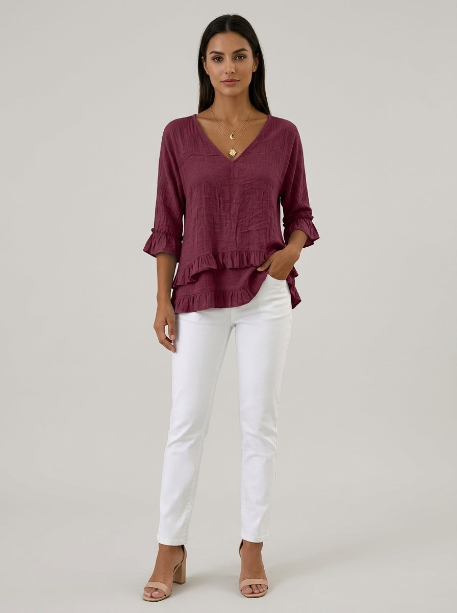 Casual Cotton Linen V-Neck Ruffle Blouse in Burgundy - 3/4 Sleeve Tiered Ruffle Hem Blouse