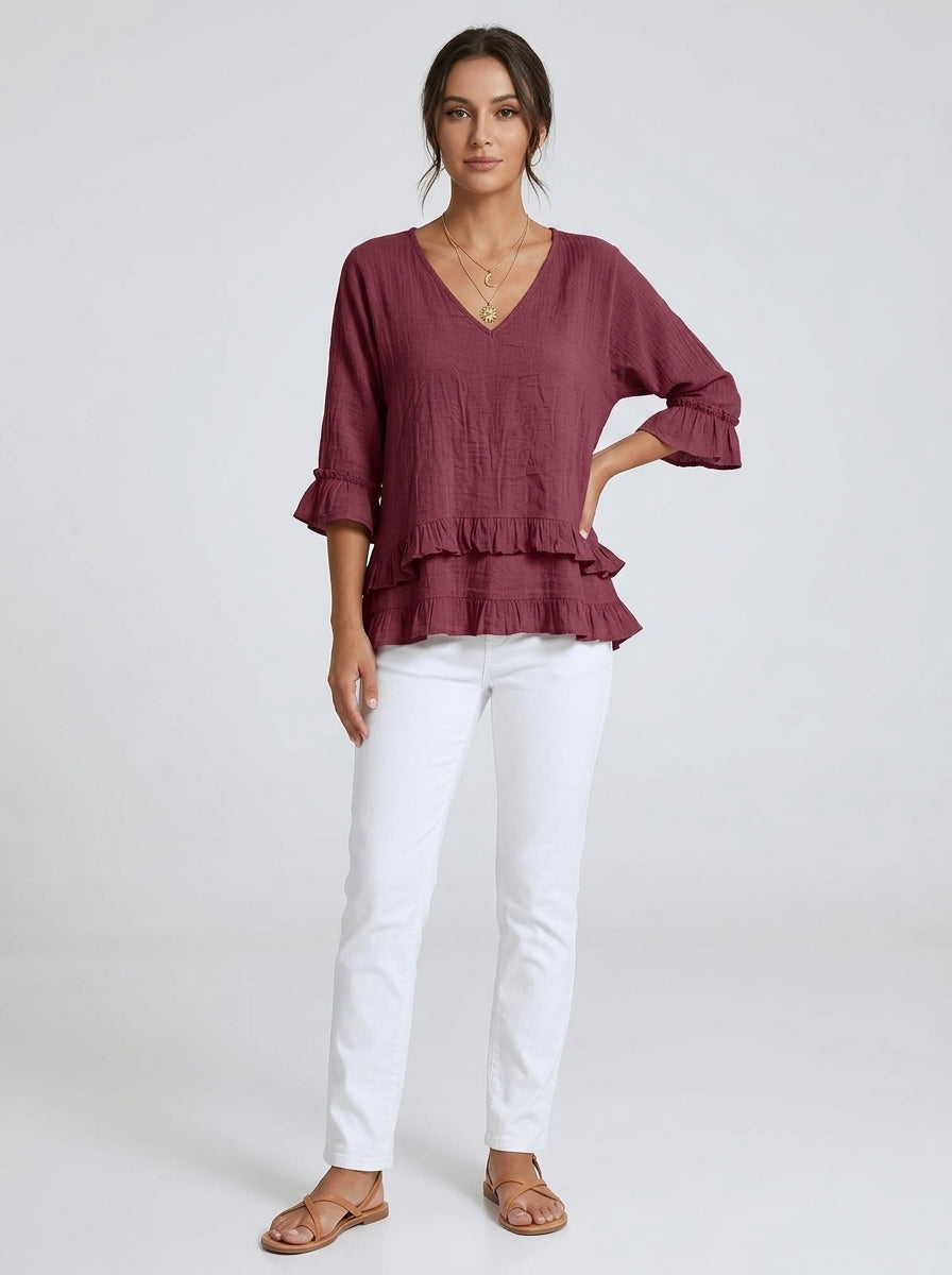 Casual Cotton Linen V-Neck Ruffle Blouse in Burgundy - 3/4 Sleeve Tiered Ruffle Hem Blouse