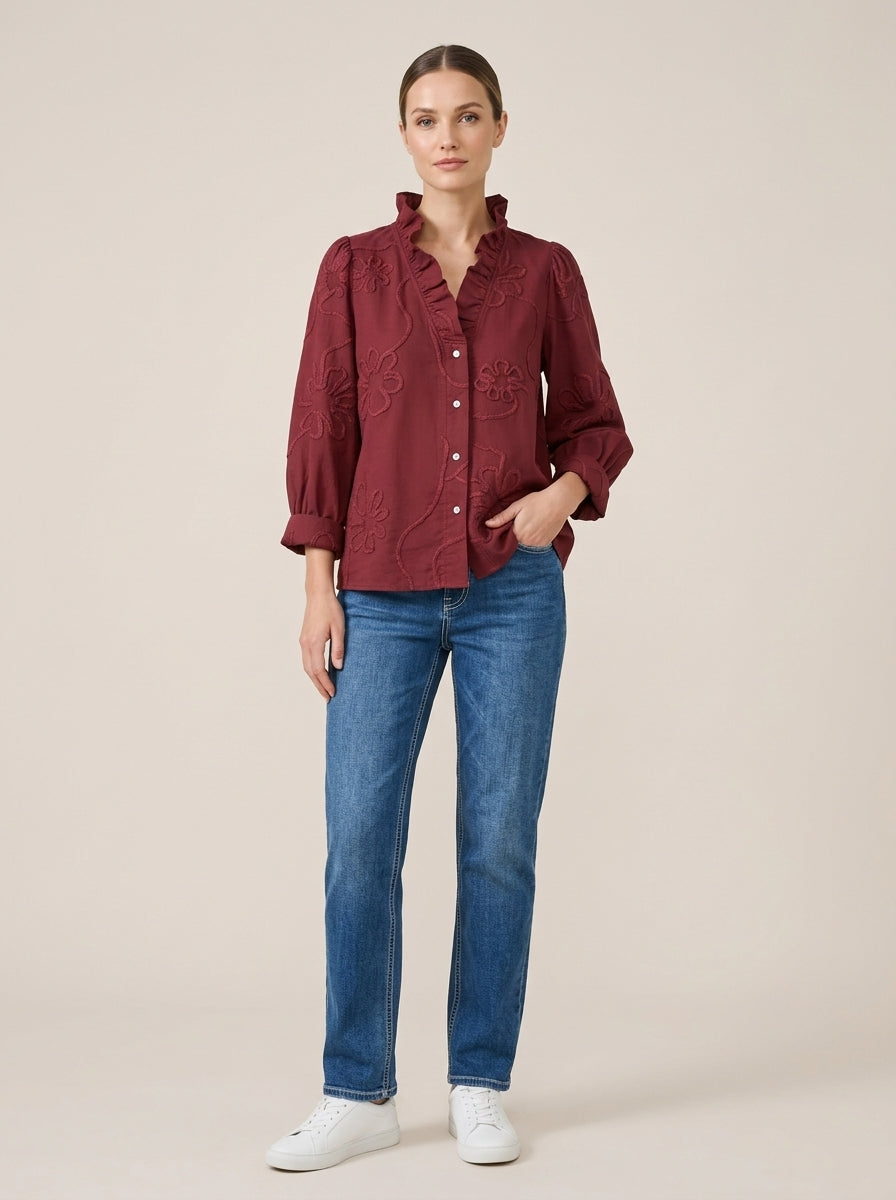 Romantic Casual Cotton Blouse - Burgundy Ruffled V-Neck Floral Embroidered Top