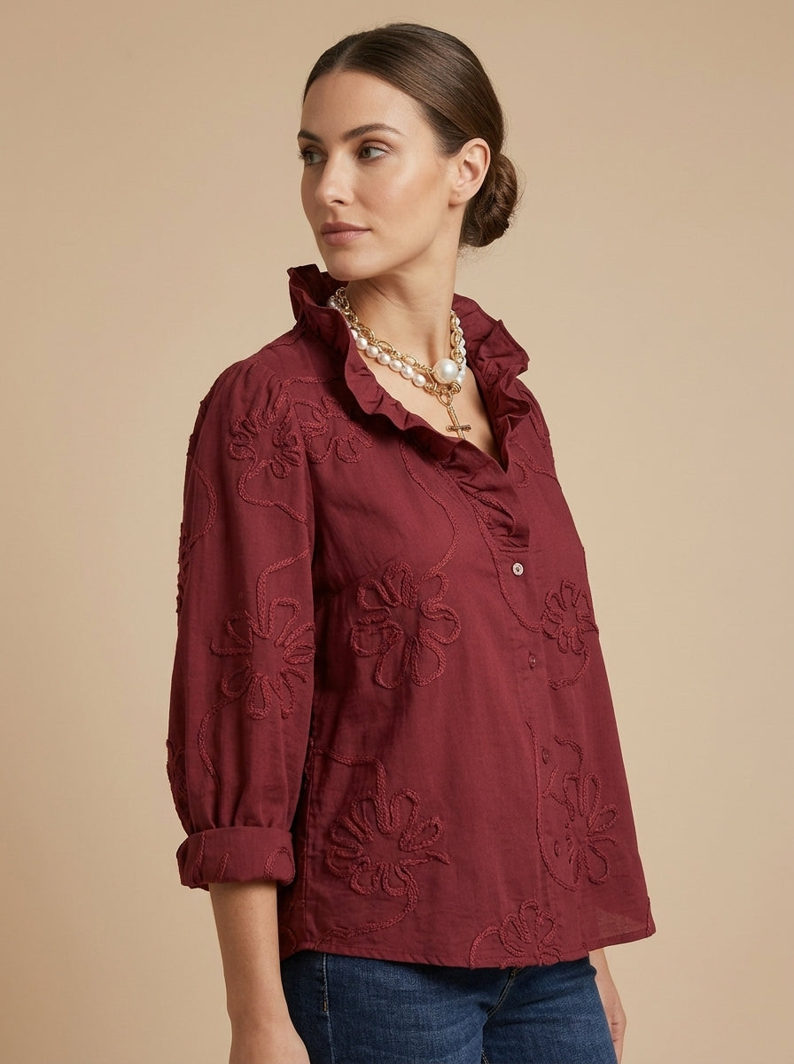 Romantic Casual Cotton Blouse - Burgundy Ruffled V-Neck Floral Embroidered Top