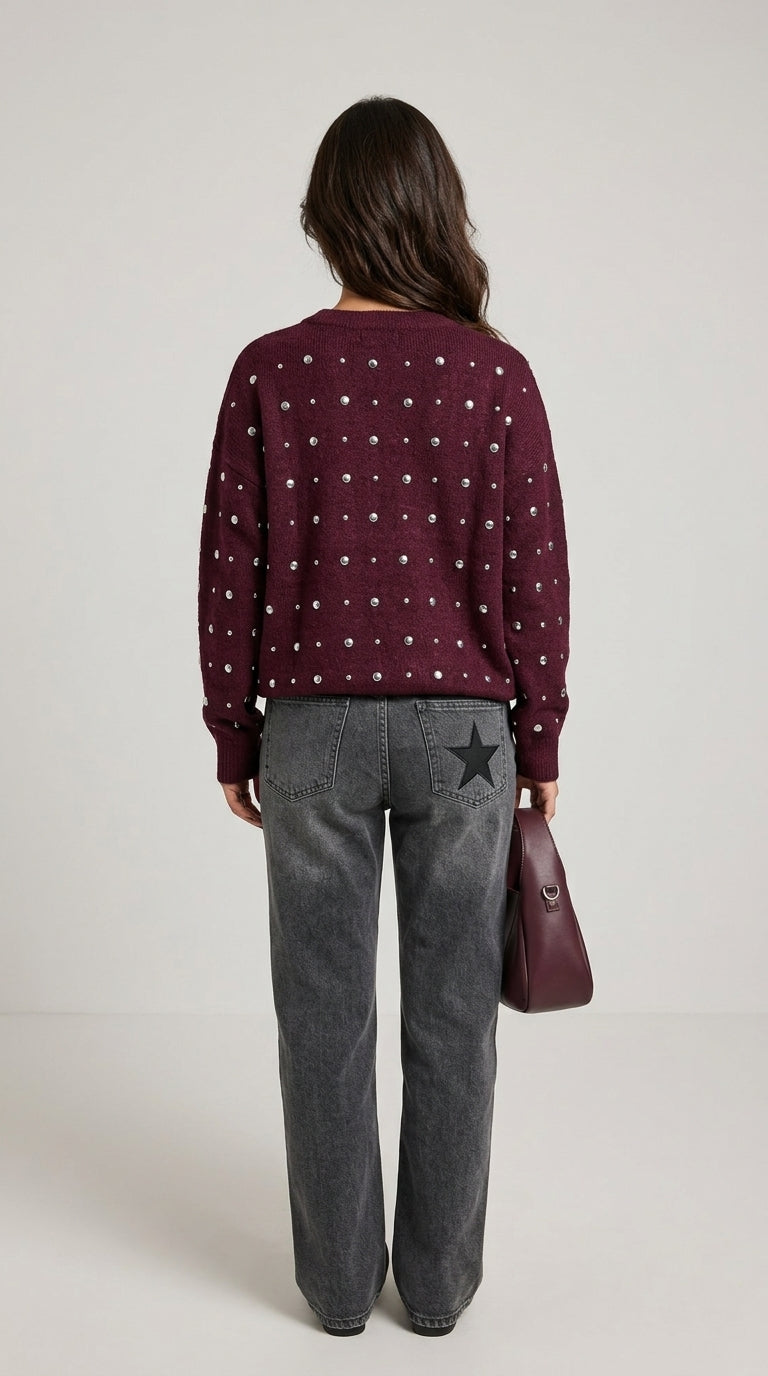 Sabrina Studded Sweater in Burgundy - Crew Neck Pearl-Embellished Knit