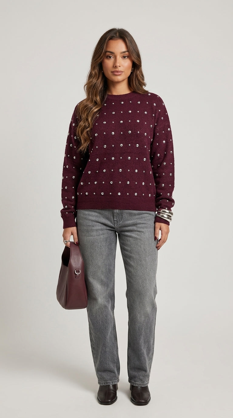 Sabrina Studded Sweater in Burgundy - Crew Neck Pearl-Embellished Knit