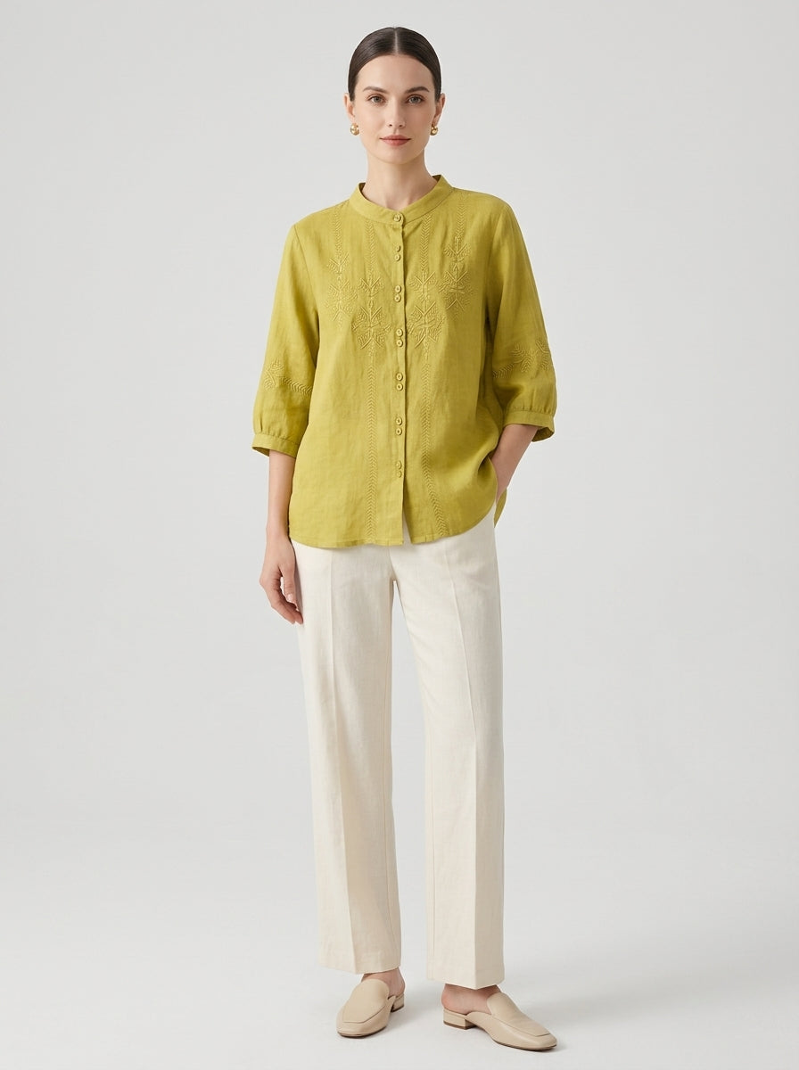 Loose Boho Embroidered Blouse - Chartreuse Mandarin Collar 3/4 Sleeve Top