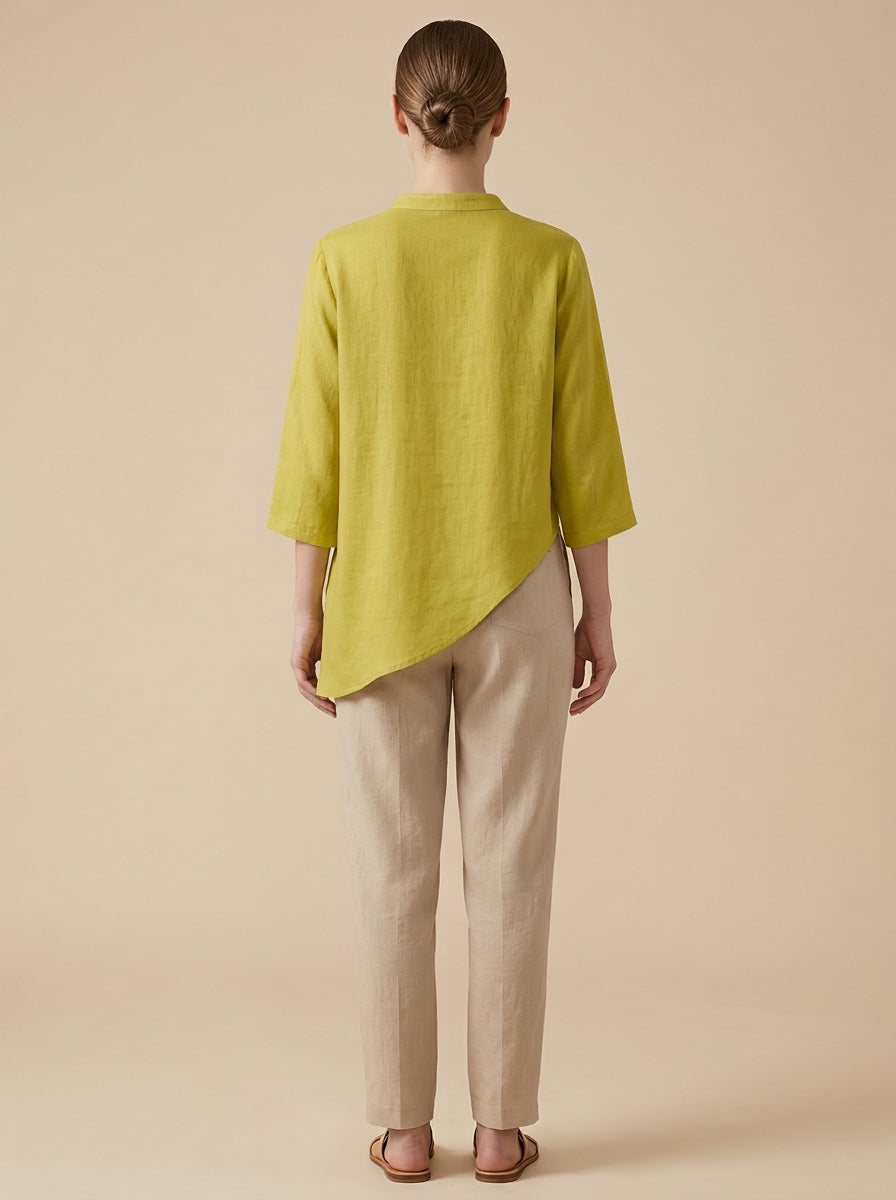 Loose Boho Embroidered Blouse - Chartreuse Mandarin Collar 3/4 Sleeve Top
