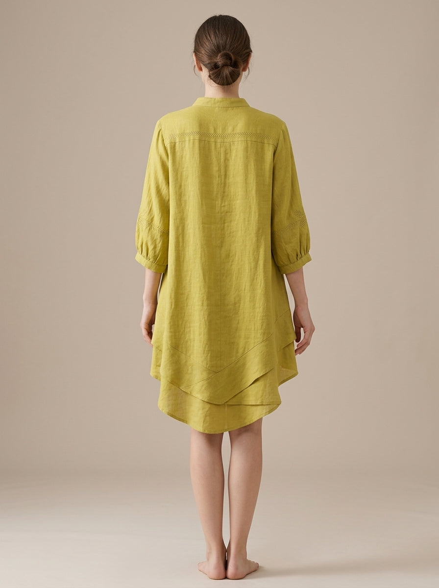 Loose Boho Embroidered Blouse - Chartreuse Mandarin Collar 3/4 Sleeve Top