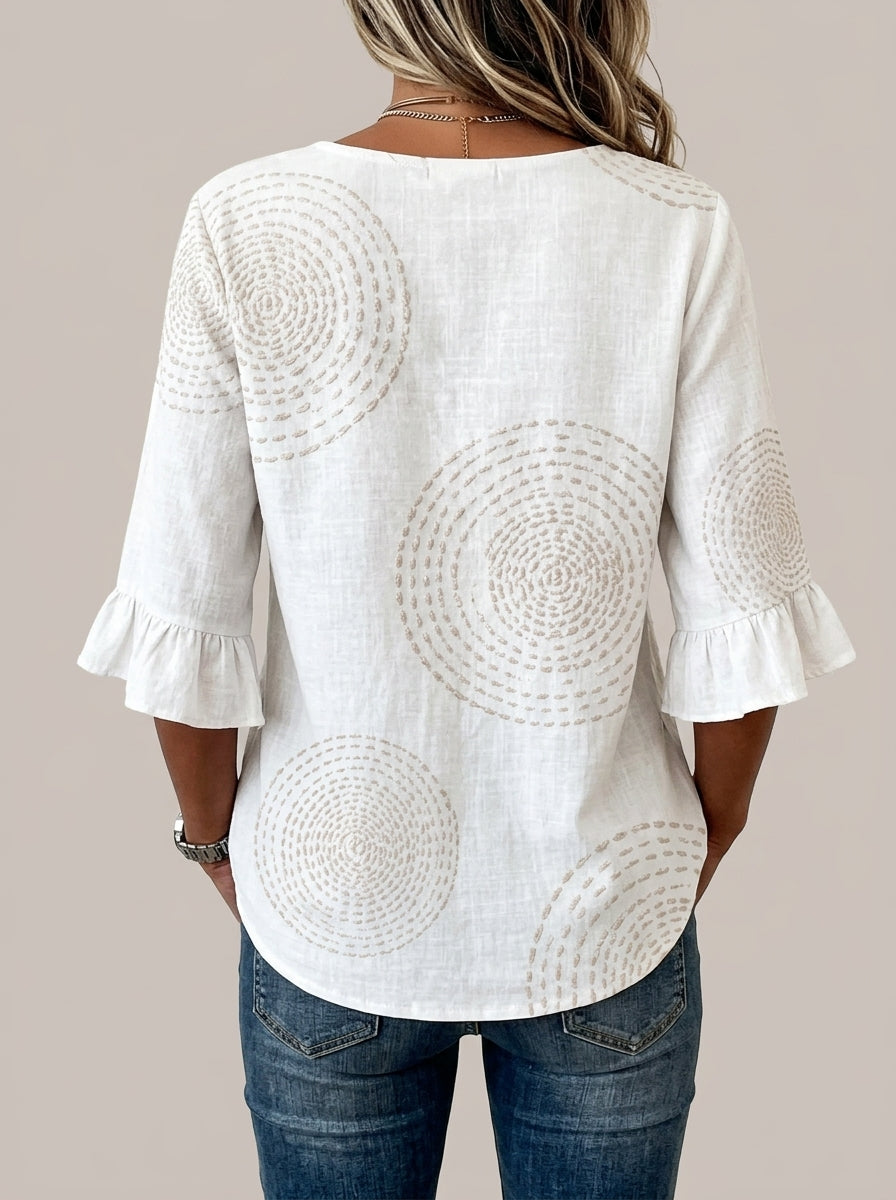 White Circle Print Wood Button Blouse - Ruffle Sleeve V-Neck Top