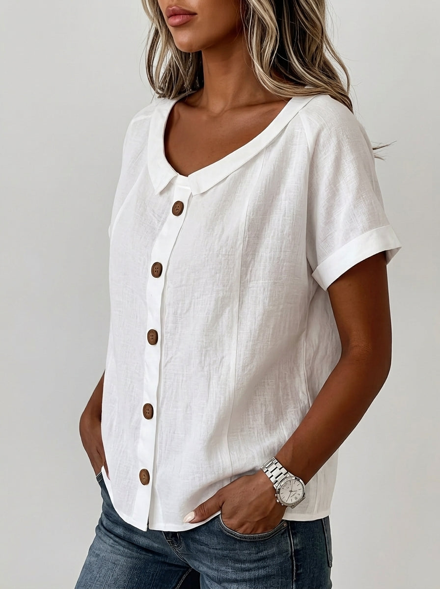 White Collared Button-Front Blouse - Casual Cotton Short Sleeve Top