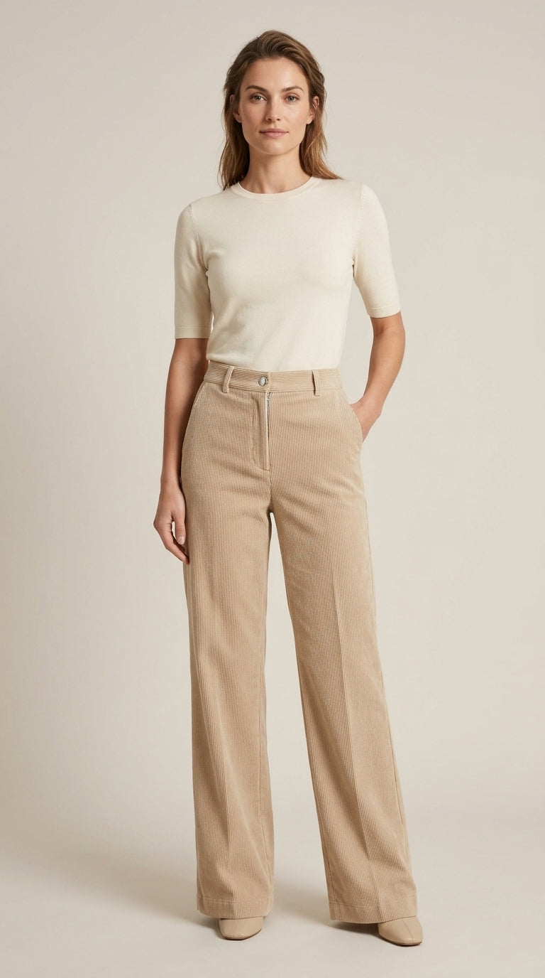 Corduroy Pants in Beige - Wide Leg High-Waisted Corduroy Trousers