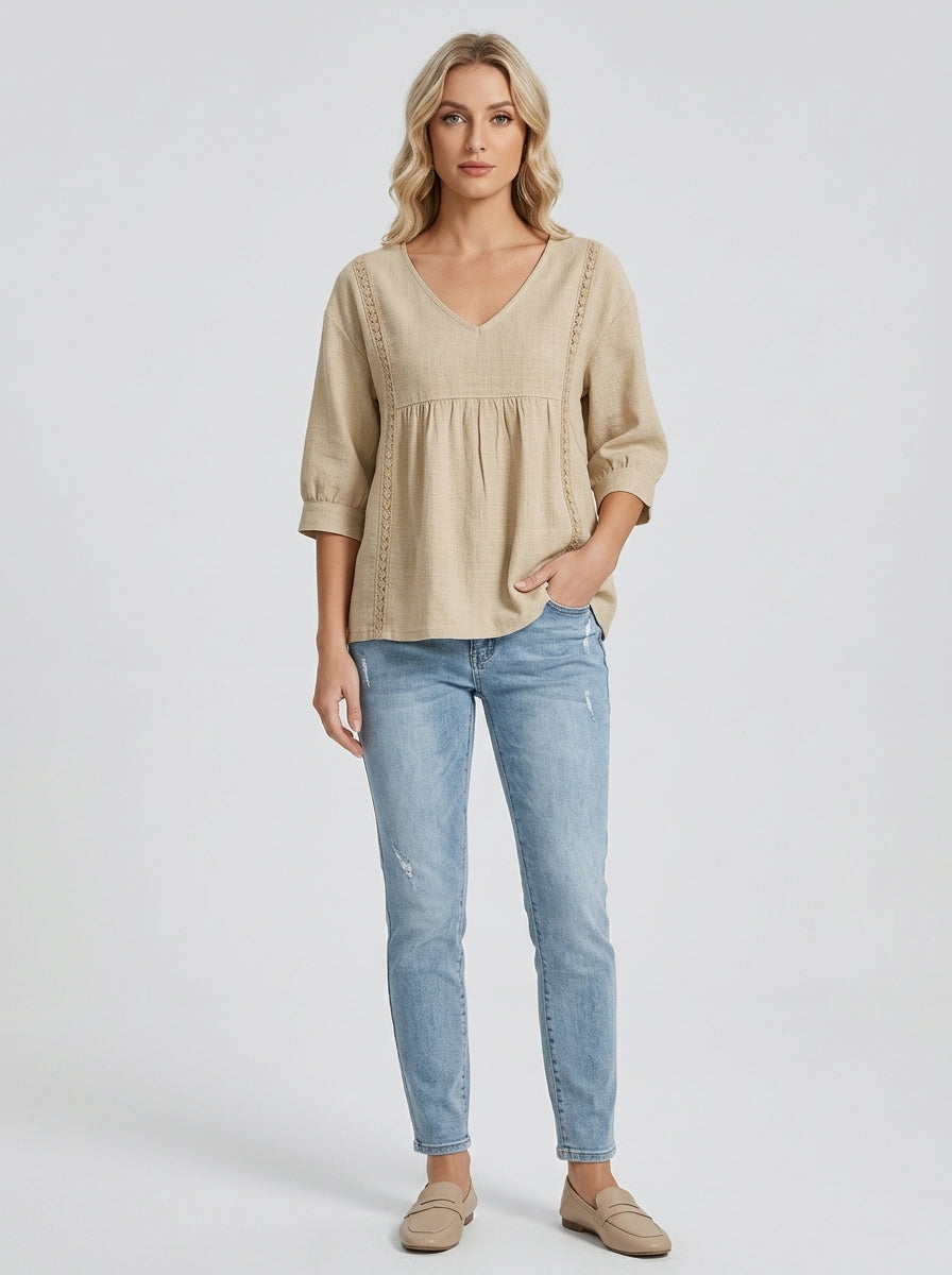 Casual Linen Cotton Lace-Trim Babydoll Blouse in Beige - V-Neck 3/4 Sleeve Top
