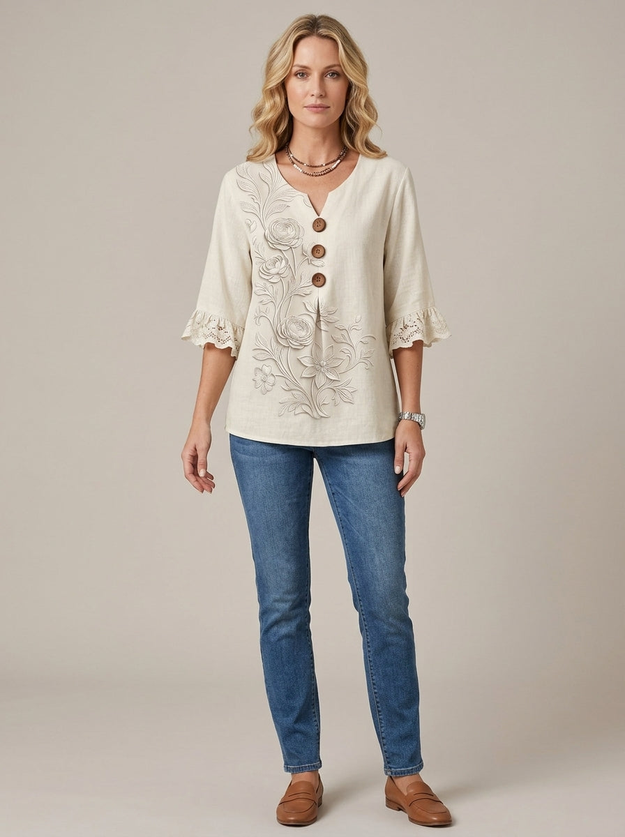 Cream Embroidered Floral Blouse - Wood Button V-Neck Lace Sleeve Top
