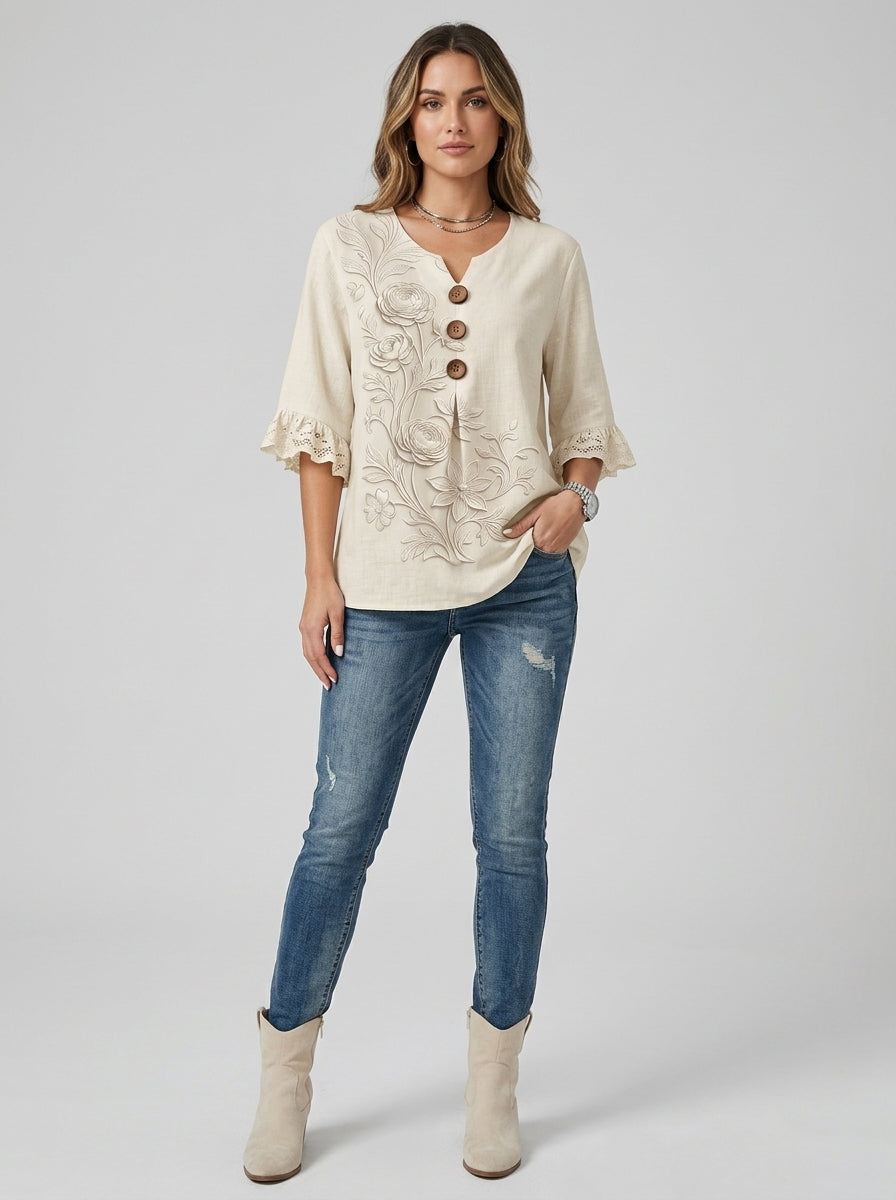 Cream Embroidered Floral Blouse - Wood Button V-Neck Lace Sleeve Top