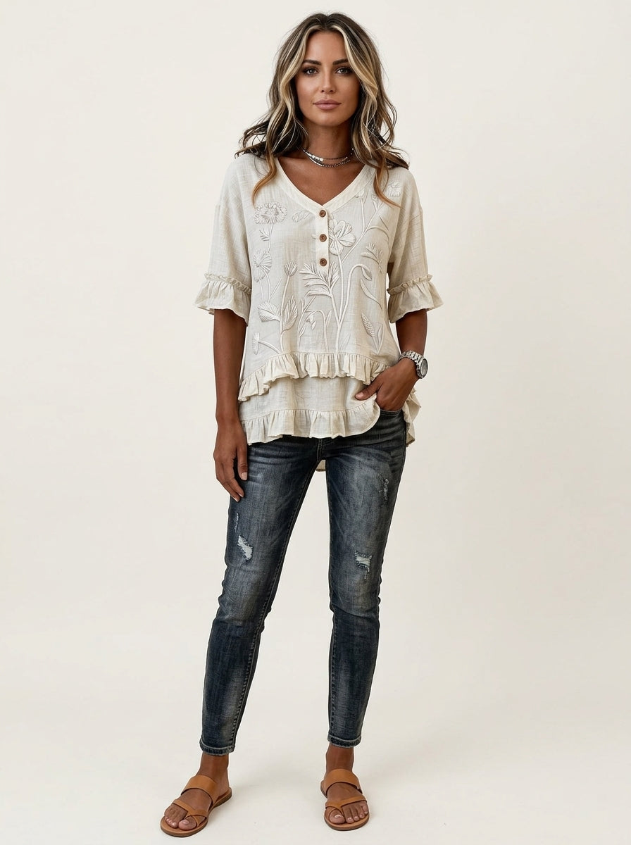 Retro Floral Embroidered V-Neck Ruffle Blouse in Cream - Button Placket 3/4 Sleeve Top