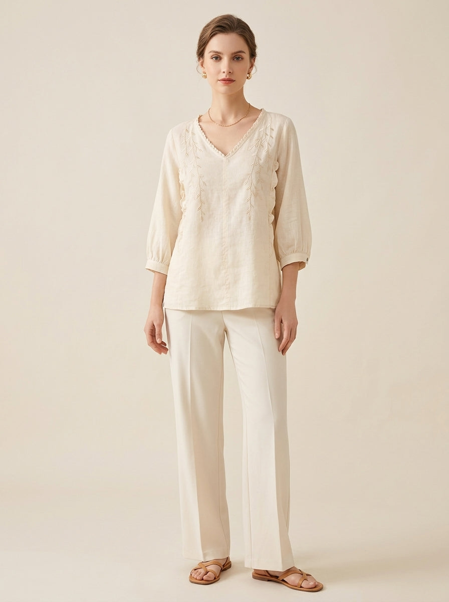 Trendy Embroidered Cotton Blouse - Cream V-Neck 3/4 Sleeve Ruffle Top