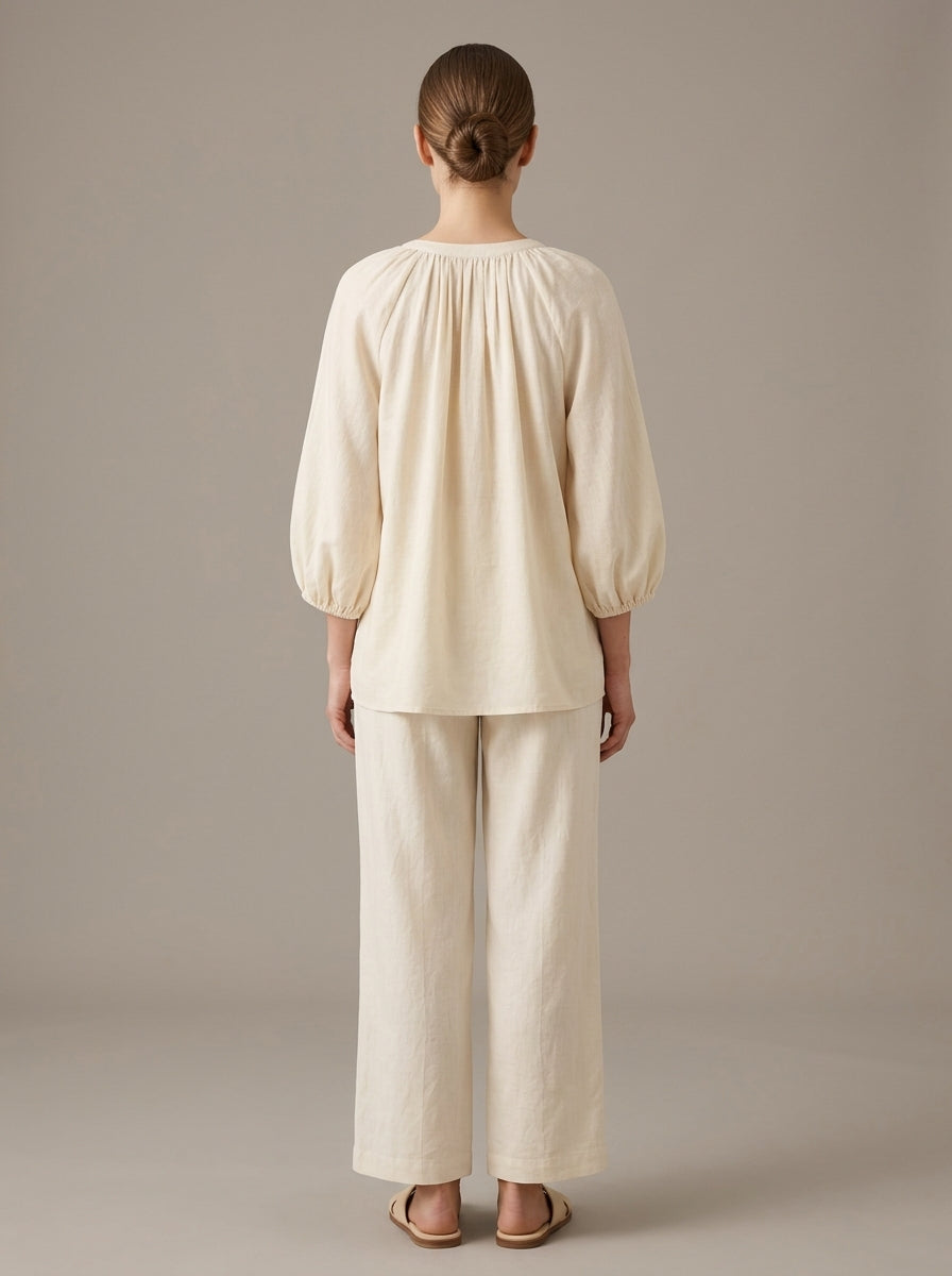 Trendy Embroidered Cotton Blouse - Cream V-Neck 3/4 Sleeve Ruffle Top