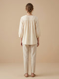Trendy Embroidered Cotton Blouse - Cream V-Neck 3/4 Sleeve Ruffle Top