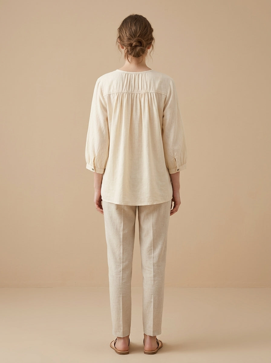 Trendy Embroidered Cotton Blouse - Cream V-Neck 3/4 Sleeve Ruffle Top
