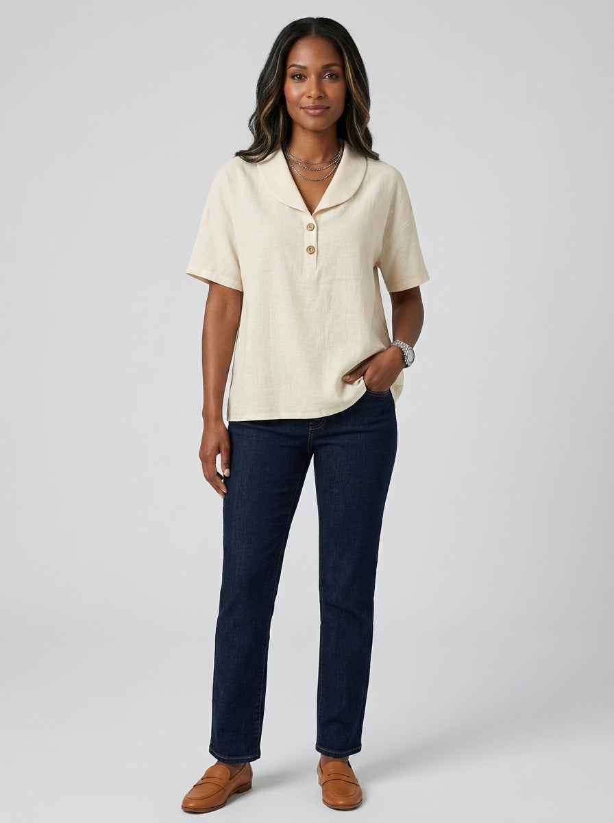 Collared Two-Button Placket Top - Short Sleeve Cotton Linen Blouse