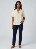 Collared Two-Button Placket Top - Short Sleeve Cotton Linen Blouse
