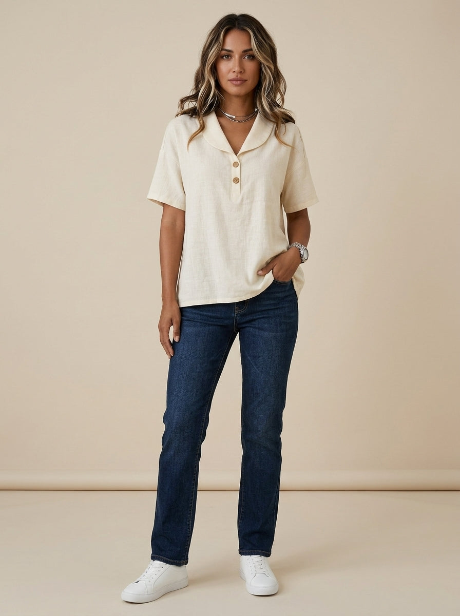 Collared Two-Button Placket Top - Short Sleeve Cotton Linen Blouse