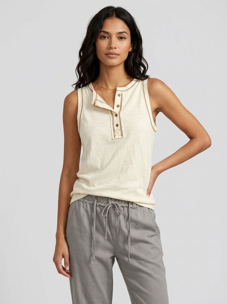 Cream Contrast Stitch Henley Tank - Cotton Linen Button Placket Top