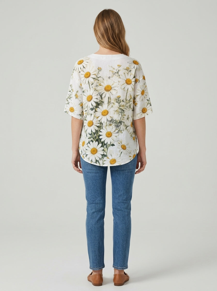 White Daisy Print Blouse - Round Neck Tie-Front Patchwork Top