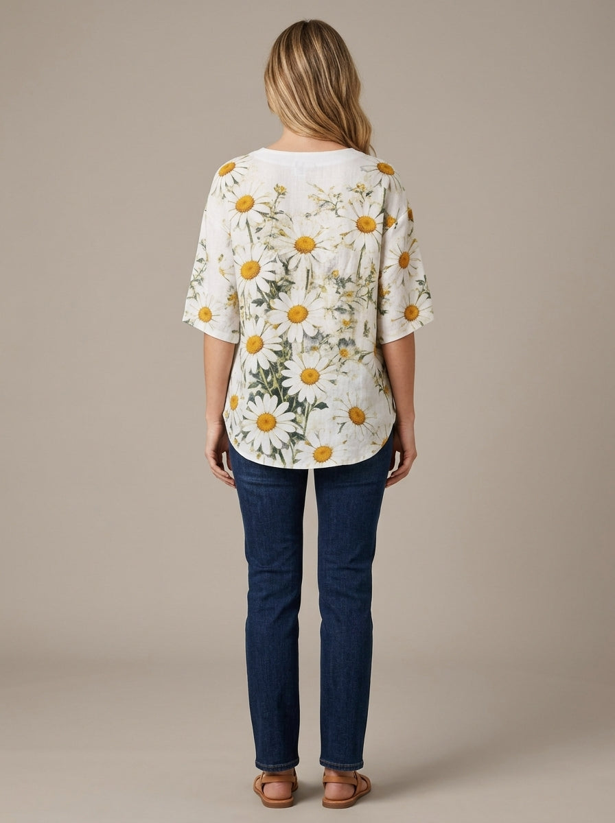 White Daisy Print Blouse - Round Neck Tie-Front Patchwork Top