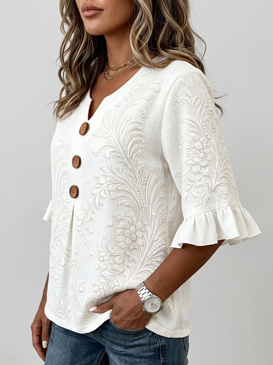 White Tonal Damask Print Blouse - Wood Button Ruffle Sleeve V-Neck