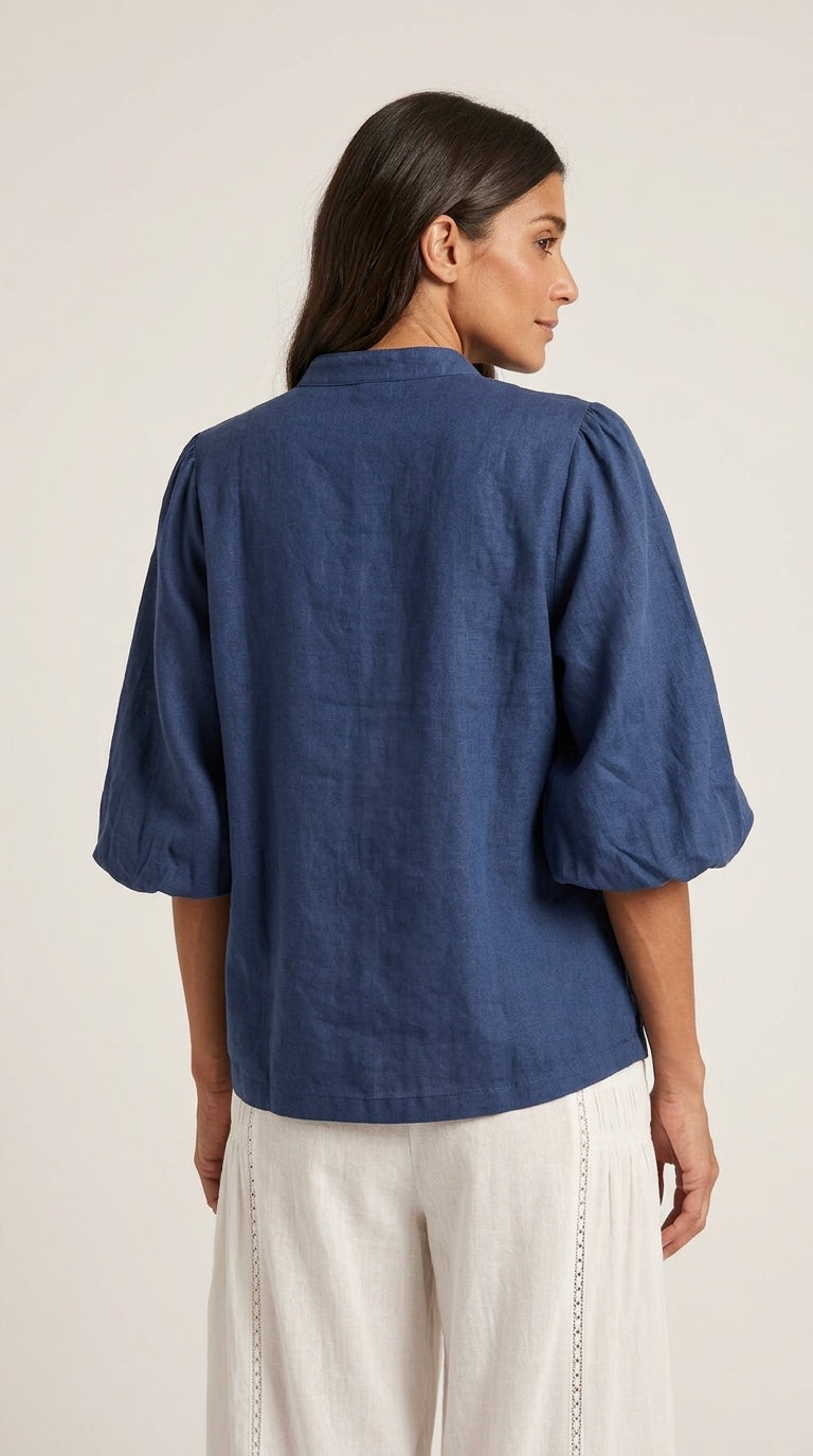 Balloon Sleeve Linen Blouse in Dark Denim - Band Collar Puff Sleeve Blouse