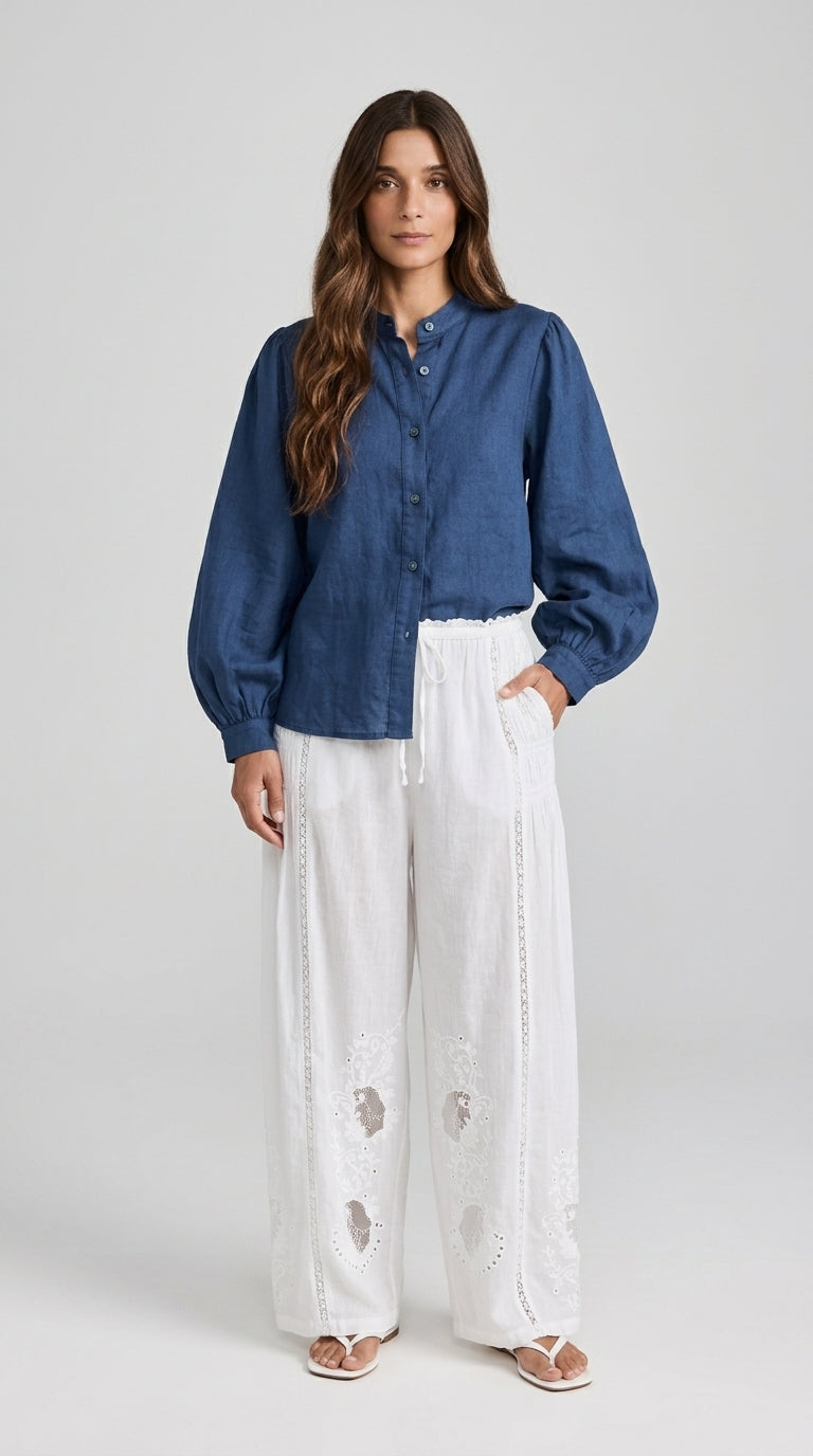 Balloon Sleeve Linen Blouse in Dark Denim - Band Collar Puff Sleeve Blouse