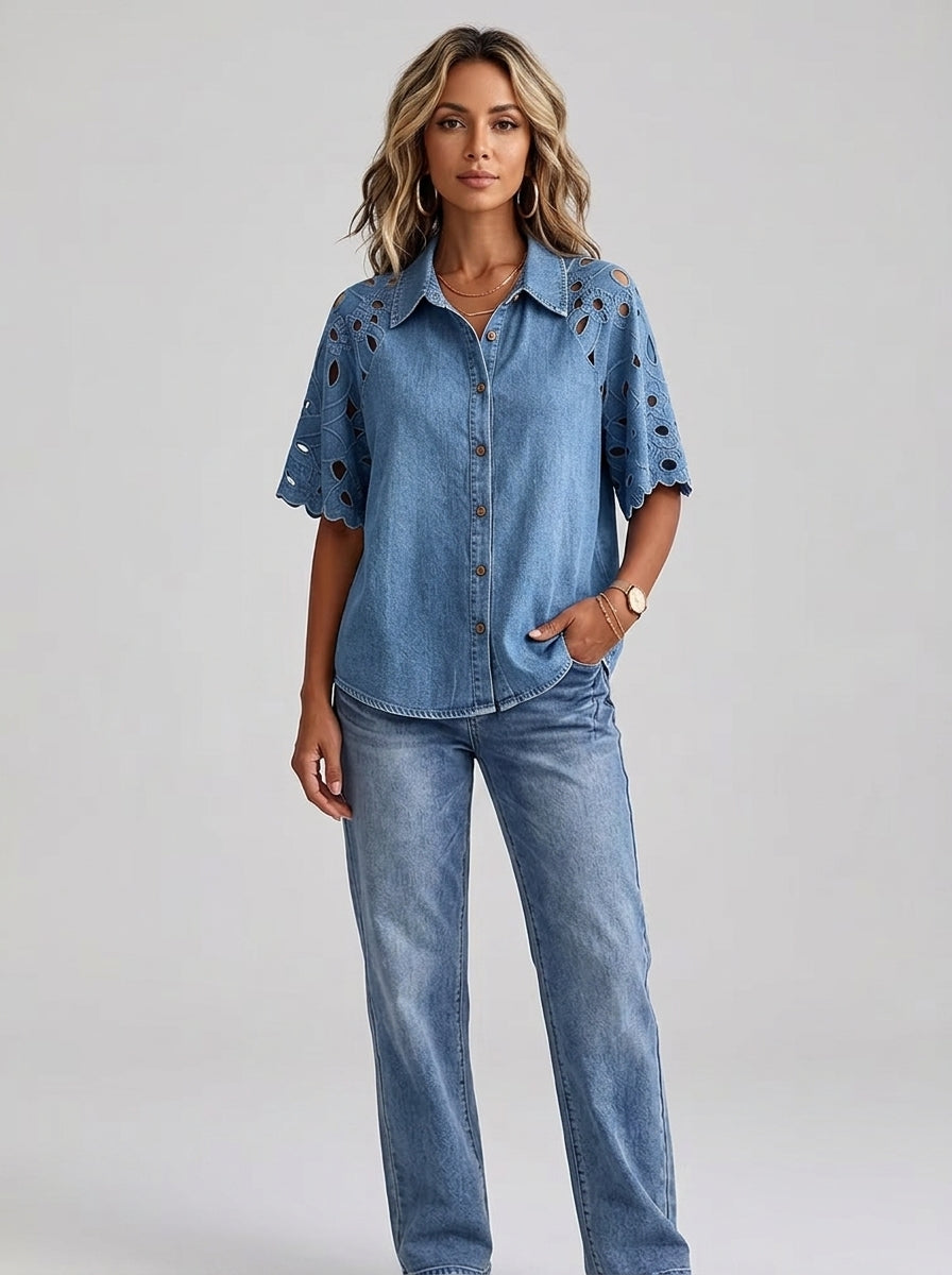 Vintage-Style Denim Shirt with Cutout Floral Lace Sleeve Panels - Button-Up Scalloped Sleeve Blouse
