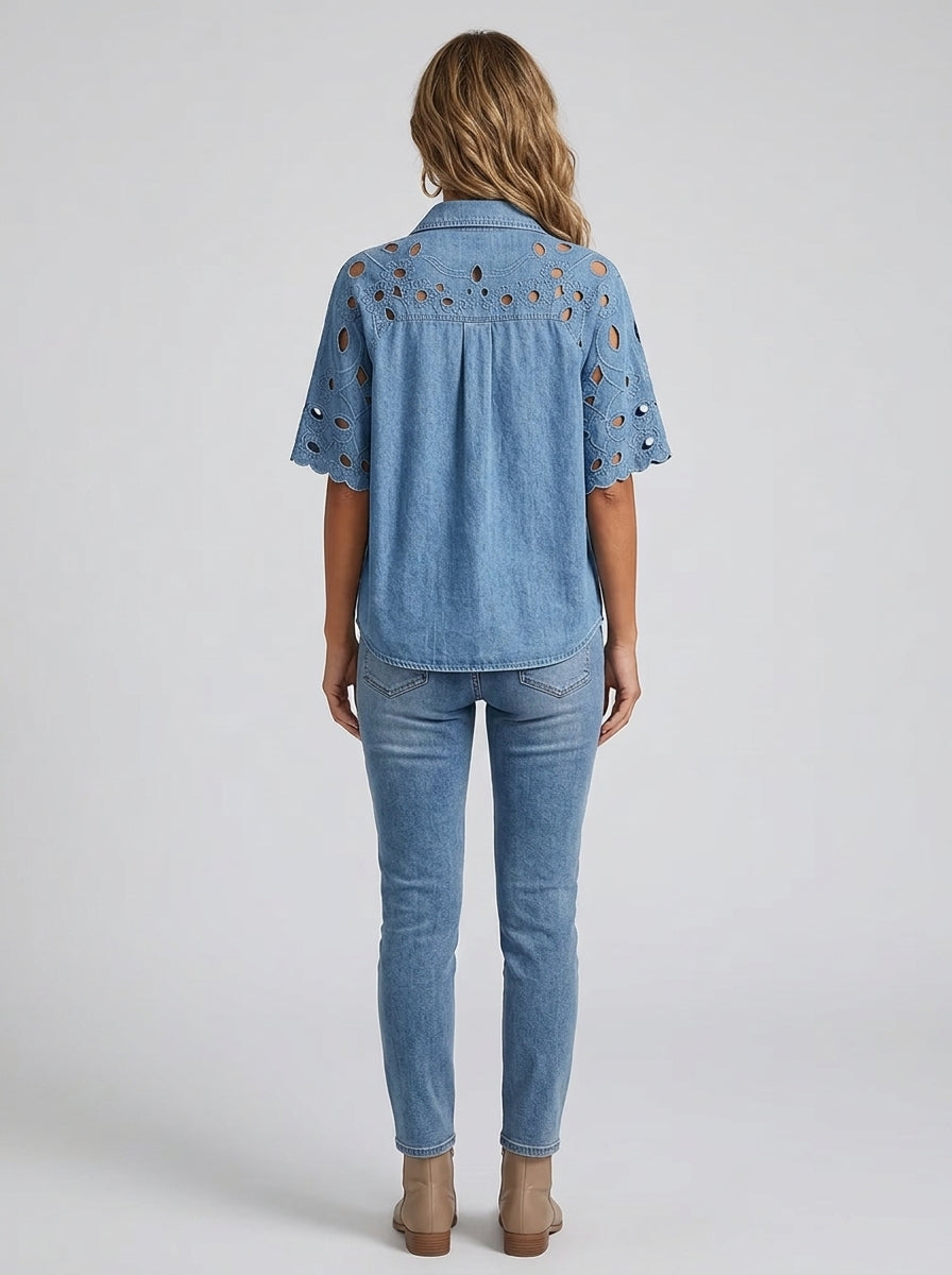 Vintage-Style Denim Shirt with Cutout Floral Lace Sleeve Panels - Button-Up Scalloped Sleeve Blouse